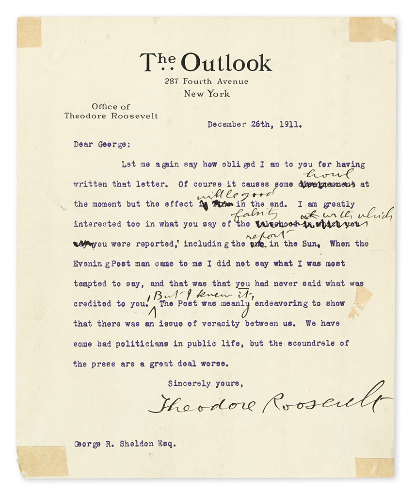 ROOSEVELT, THEODORE. Group of 3 Typed Letters Signed, to Republican Party Treasurer George R. Sheldon,